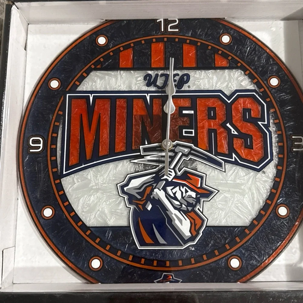UTEP Miners Art-Glass Wall Clock - Orange and Blue